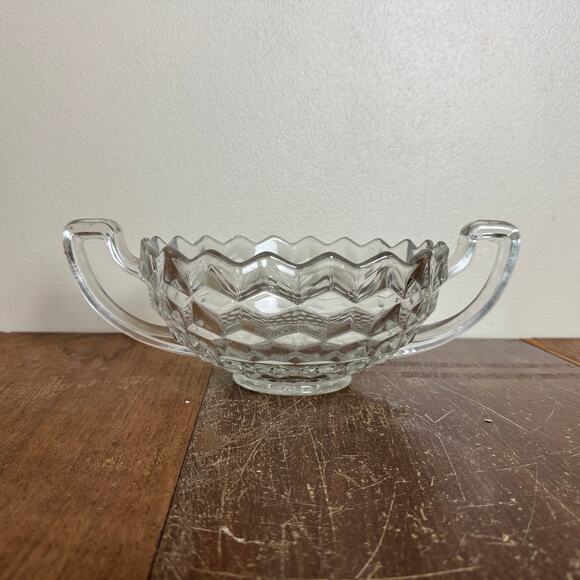 Vintage Clear Glass Fostoria American Cubist Crystal Handled Trophy Bowl - Picture 1 of 9